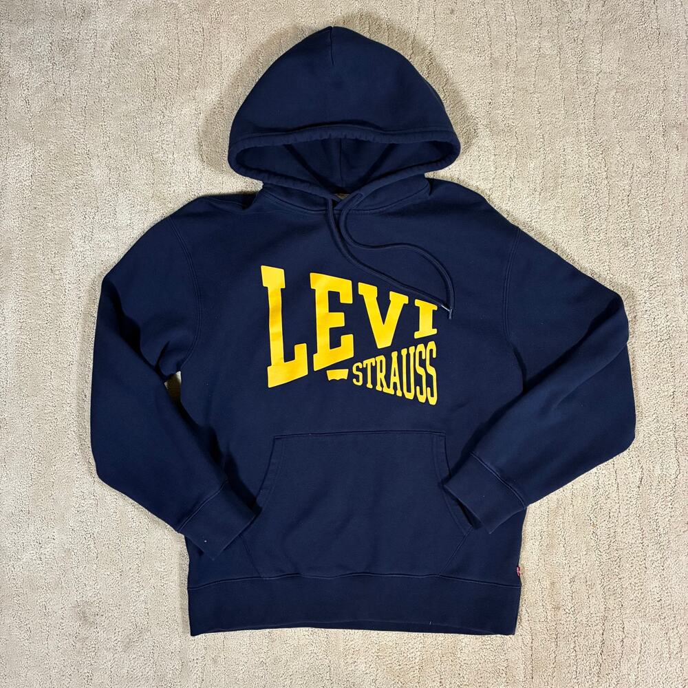 Levi's Men M Navy Blue & Yellow Logo Pullover Hoodie Sweatshirt Skater Grunge